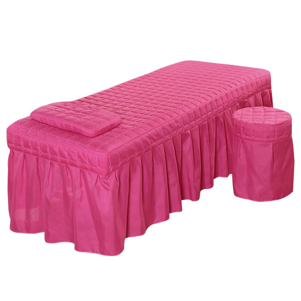 SPA Massage Table Linen Set Bed Skirt Pillow Case Stool Cover Rose Red-L