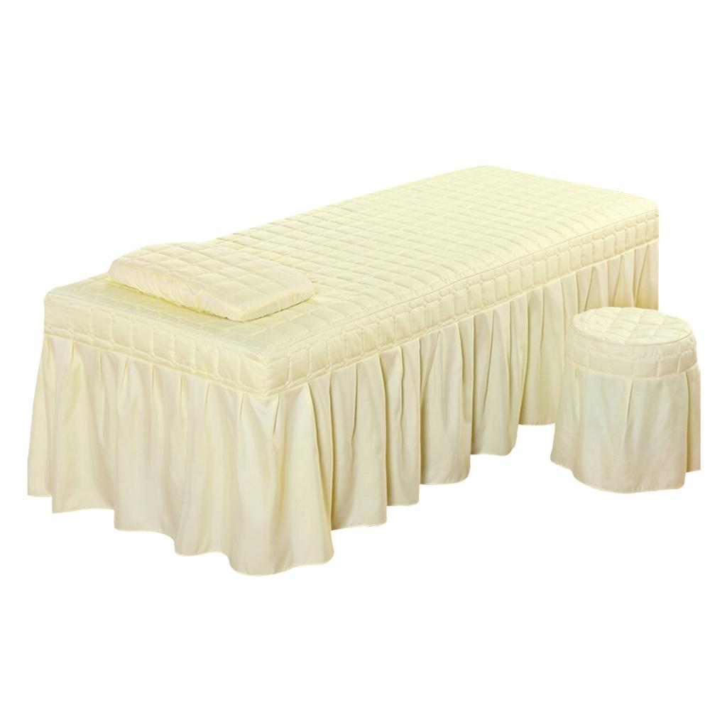 SPA Massage Table Linen Set Bed Skirt Pillow Case Stool Cover Beige-L