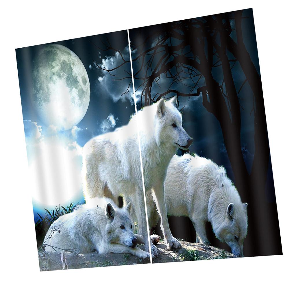 2 Panel Set Digital Printing Curtains 3D Animals Moon Wolves-75x166cm