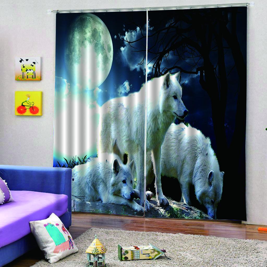 2 Panel Set Digital Printing Curtains 3D Animals Moon Wolves-75x166cm