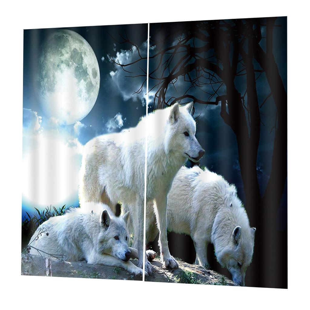 2 Panel Set Digital Printing Curtains 3D Animals Moon Wolves-75x166cm