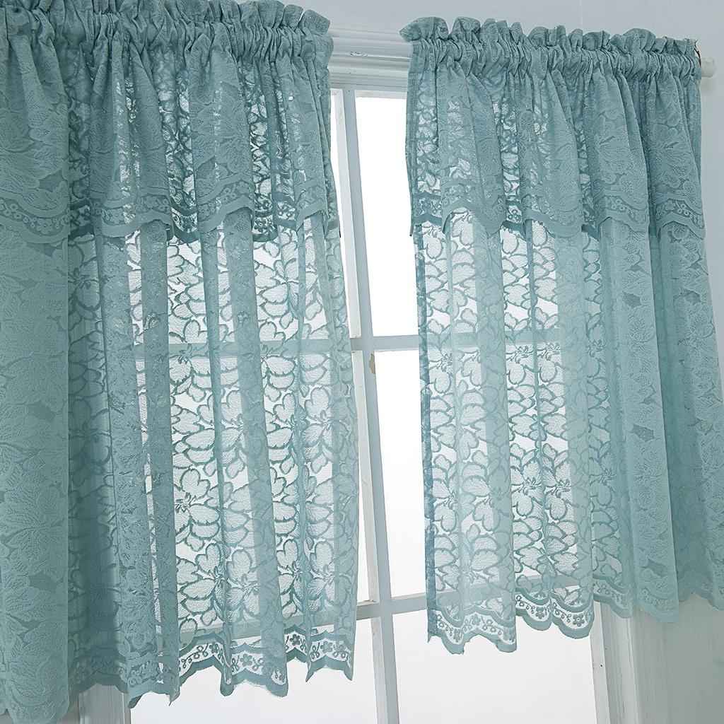 1 Panel Embroidered Lace Window Voile Sheer Curtain Tiers 74x90cm B Blue