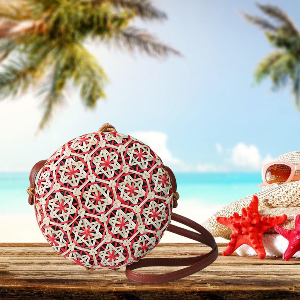 Crossbody Women Lady Round Bamboo Summer Woven Beach Shoulder Bag Red
