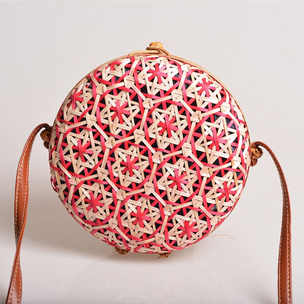 Crossbody Women Lady Round Bamboo Summer Woven Beach Shoulder Bag Red