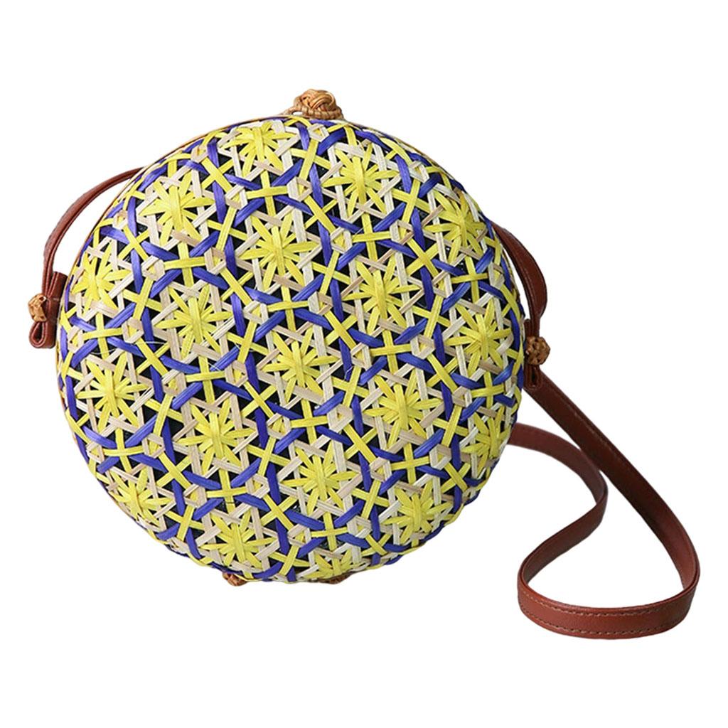 Crossbody Women Lady Round Bamboo Summer Woven Beach Shoulder Bag Yellow