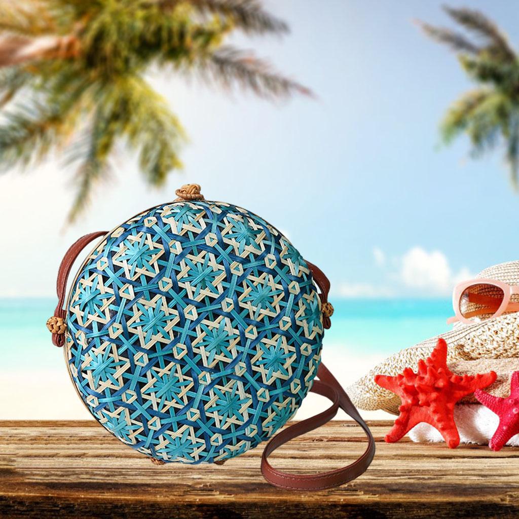 Crossbody Women Lady Round Bamboo Summer Woven Beach Shoulder Bag Blue