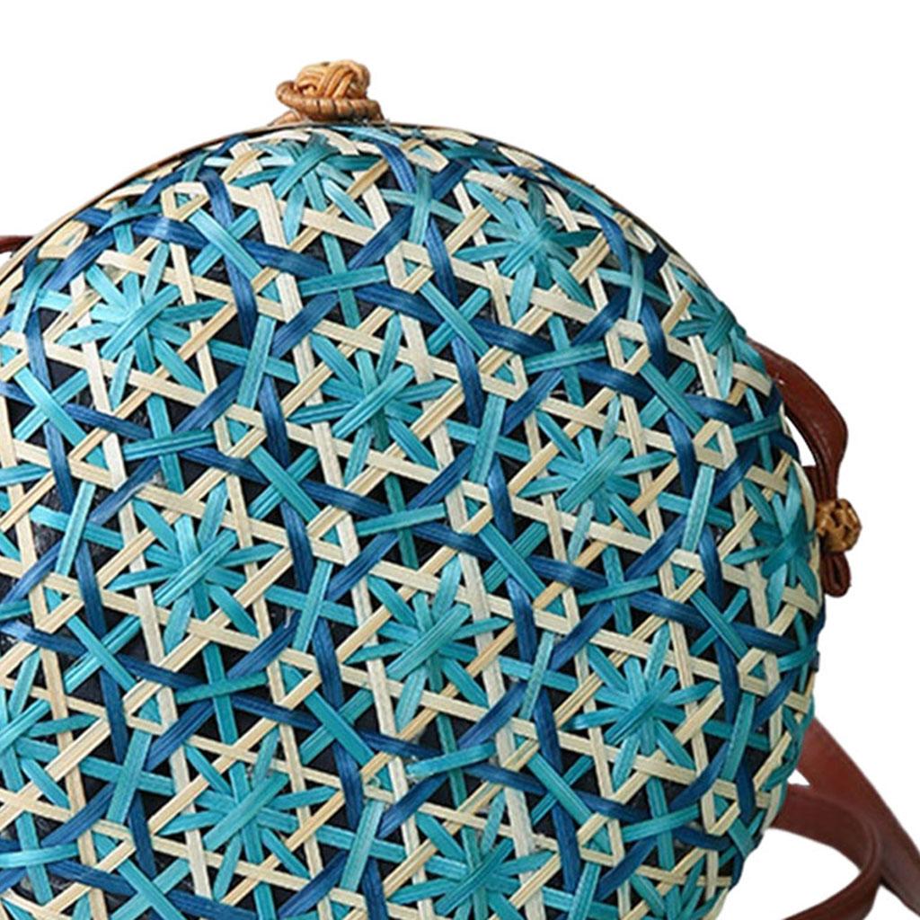 Crossbody Women Lady Round Bamboo Summer Woven Beach Shoulder Bag Blue