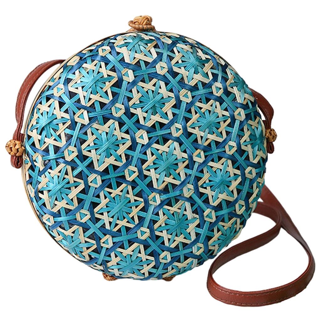 Crossbody Women Lady Round Bamboo Summer Woven Beach Shoulder Bag Blue
