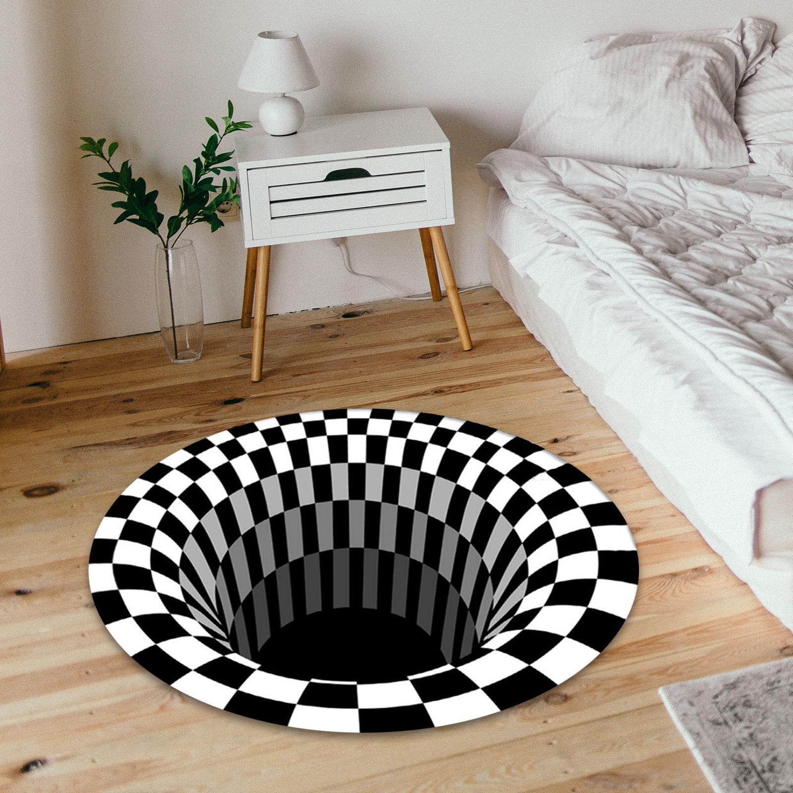 120x120cm 3D Vortex Illusion Rug Black White Plaid Visual Optical Non Slip