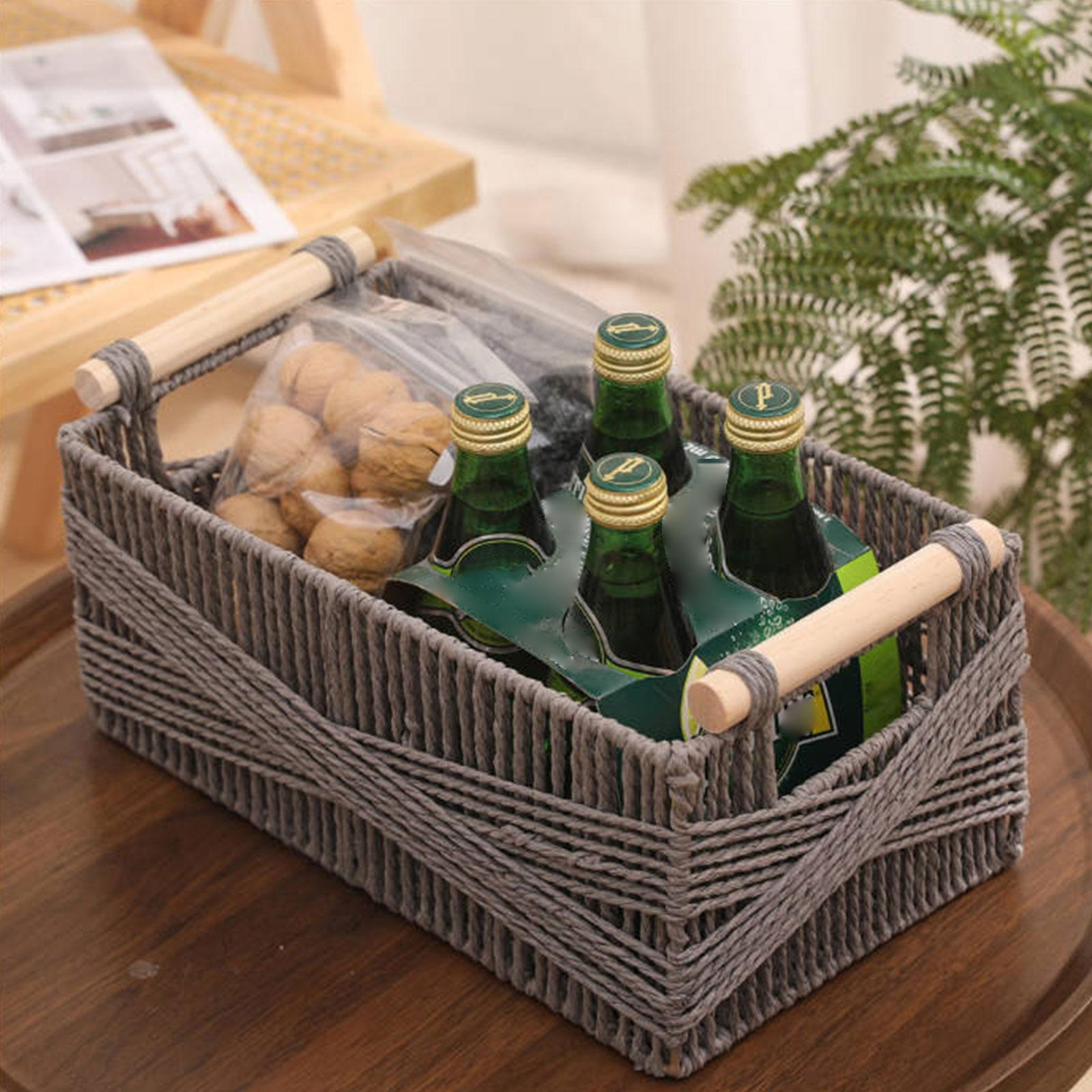 Paper Rope Basket with Wooden Handle for Drinks and Food Breakfast Cosmetics L