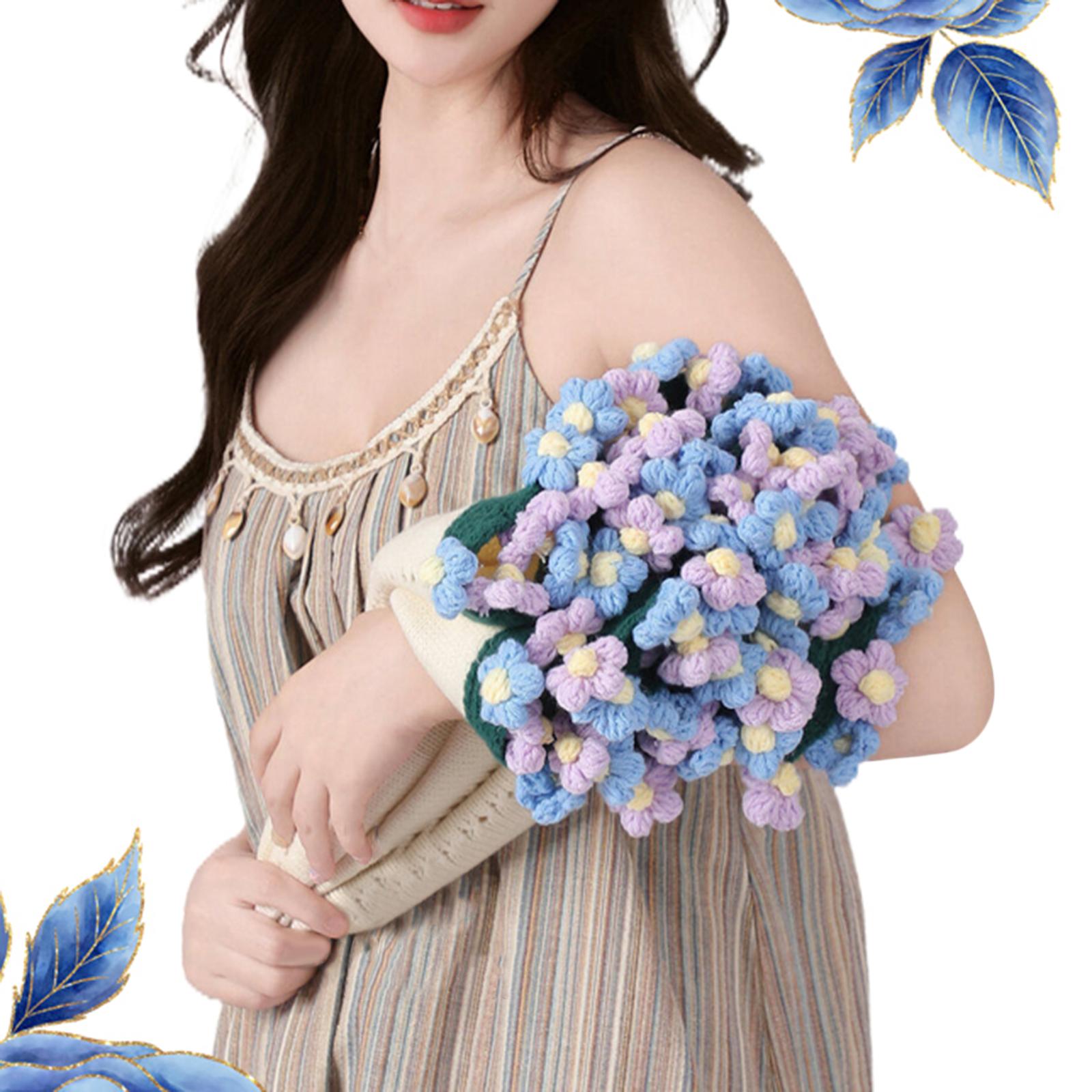 Flower Bouquet Blanket Foldable Versatile Hand Knitting for Sofa Party Couch blue violet