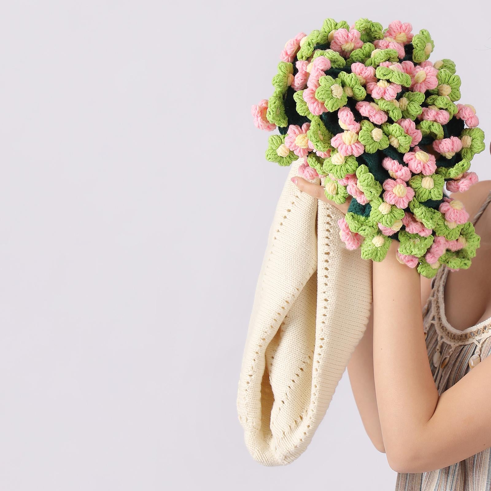 Flower Bouquet Blanket Foldable Versatile Hand Knitting for Sofa Party Couch green pink