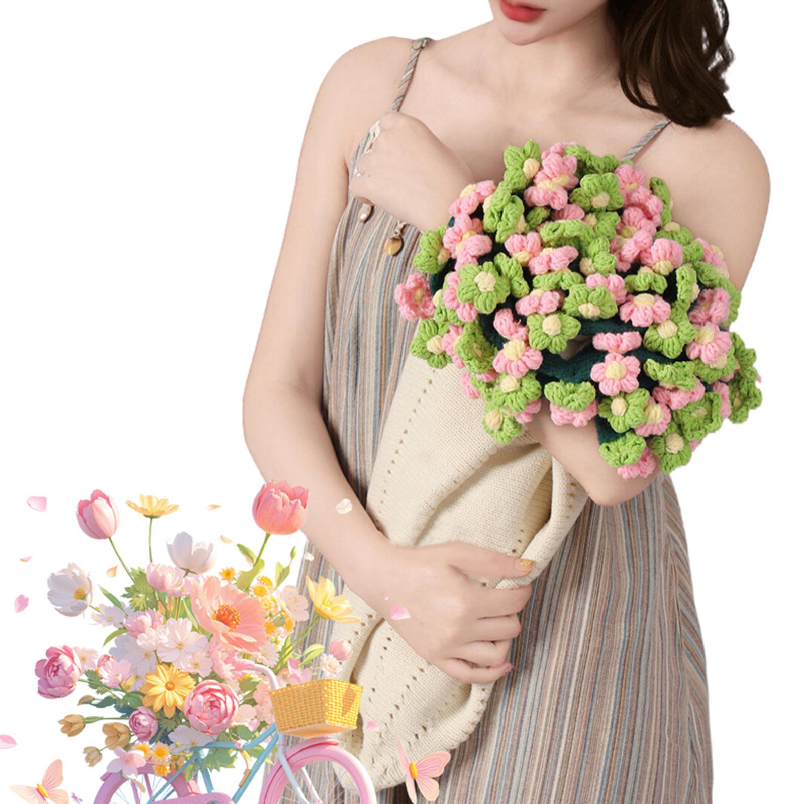 Flower Bouquet Blanket Foldable Versatile Hand Knitting for Sofa Party Couch green pink