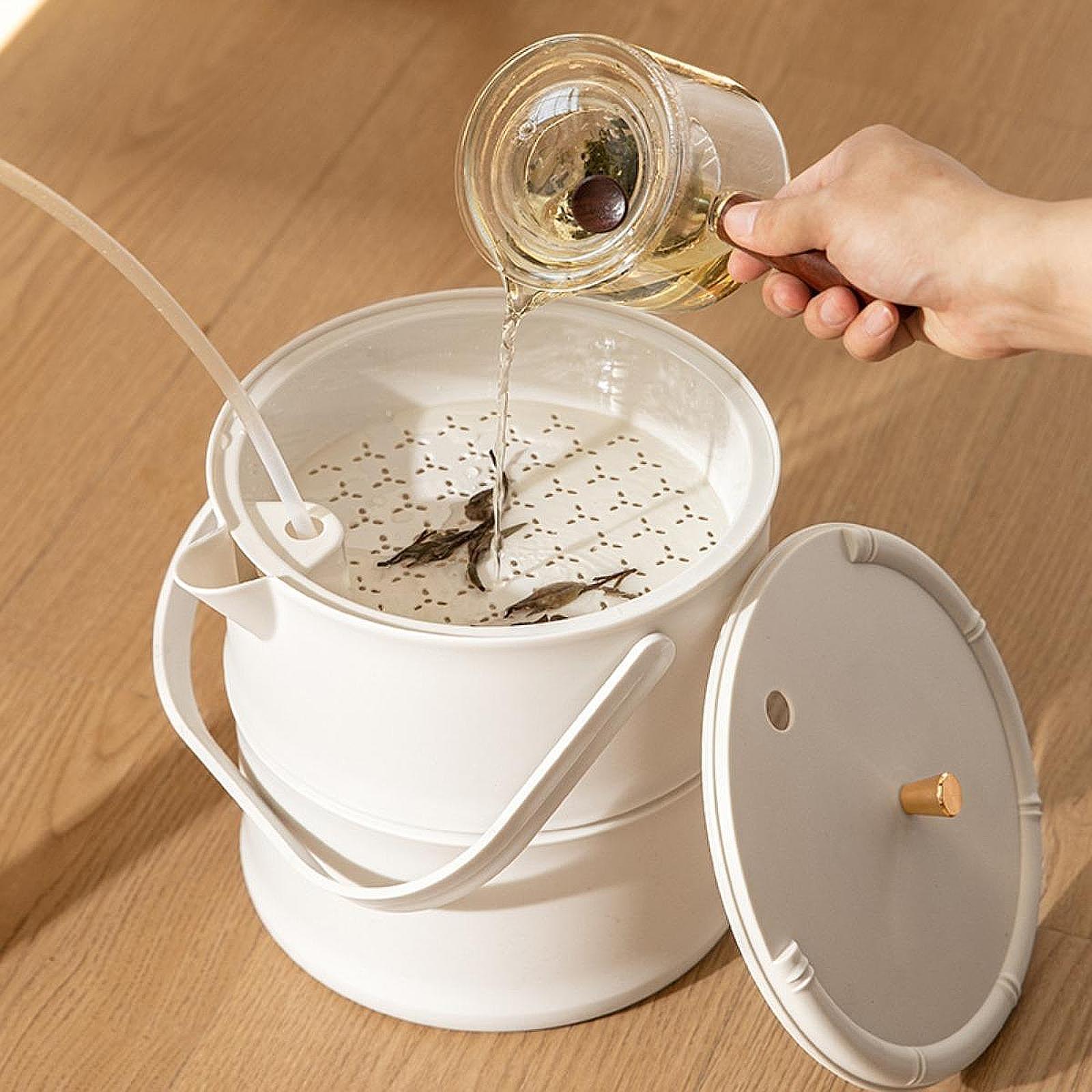 Tea Waste Water Bucket Large with Lid Easy to Clean Liquid Storage Waste Bin White