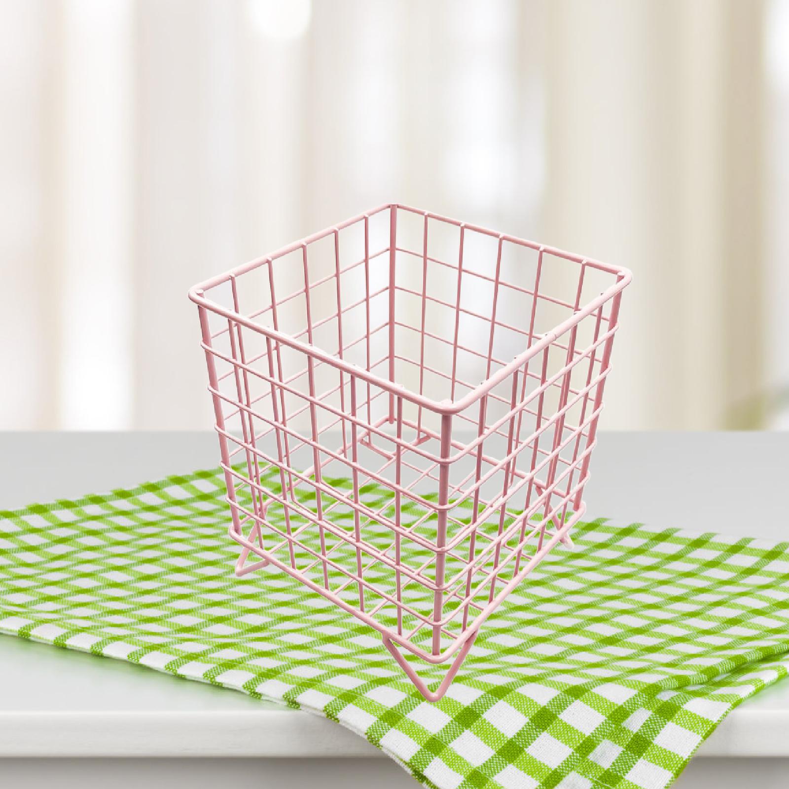 Iron Storage Basket Desk Organizer for Bathroom Office Supplies Vanity Table Pink