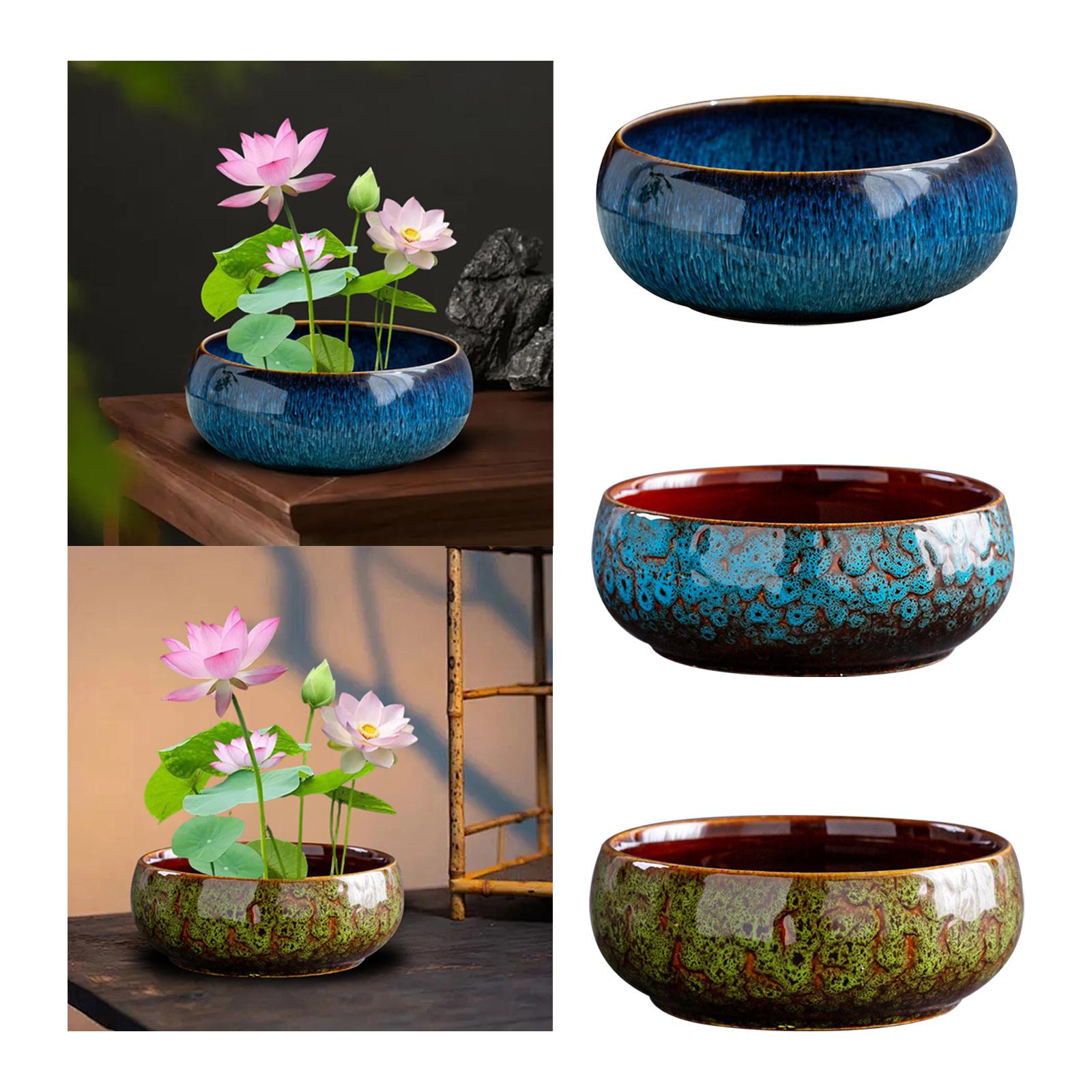 Lotus Flowers Bowl Versatile Portable Round Ceramic Planter Home Office Decor gradient blue
