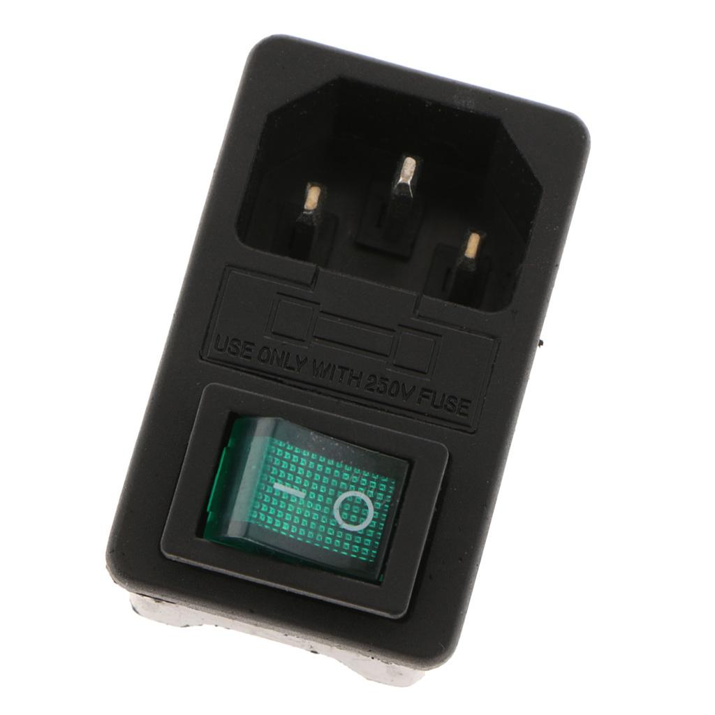 Male Power Socket 10-15A 250V Inlet Module Plug 3-in-1 card Fuse Switch Green