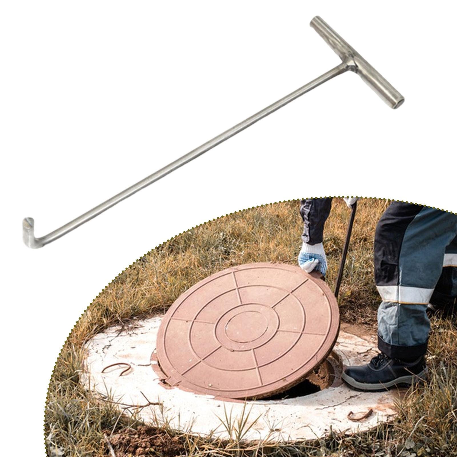 Manhole Hook Tool Stainless Steel Lift Manhole Covers Versatile T Shape Hook L Blunt mouth