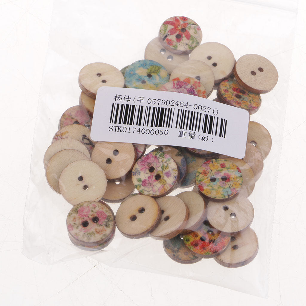 50pcs Mixed Vintage Wood Round Flower Buttons 2 Hole for Sewing Scrapbooking