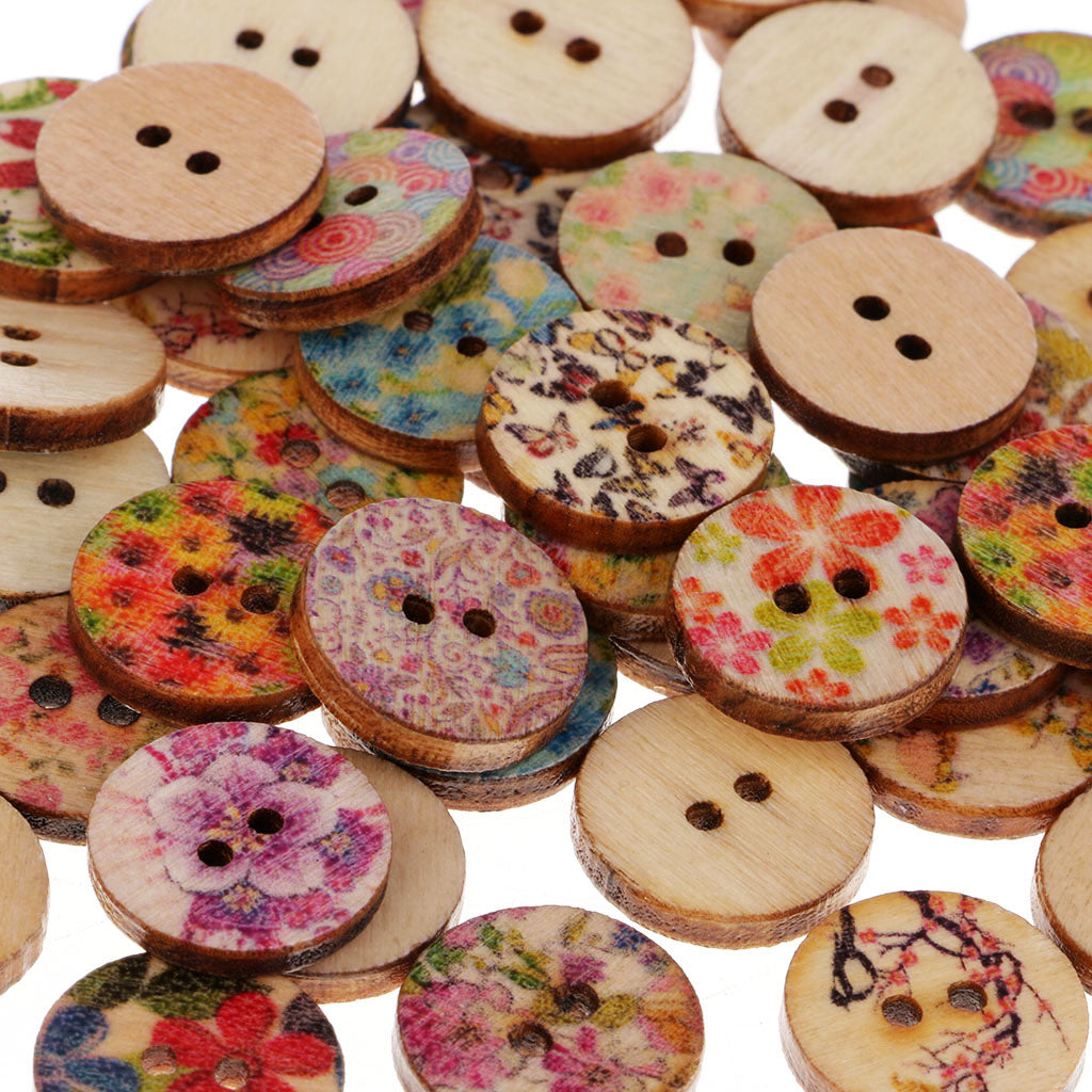 50pcs Mixed Vintage Wood Round Flower Buttons 2 Hole for Sewing Scrapbooking