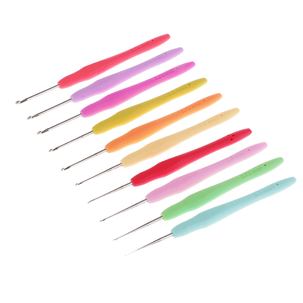 10pcs Colorful Metal Crochet Hooks Needles Set w/ Soft Handle 0.5-2.75mm