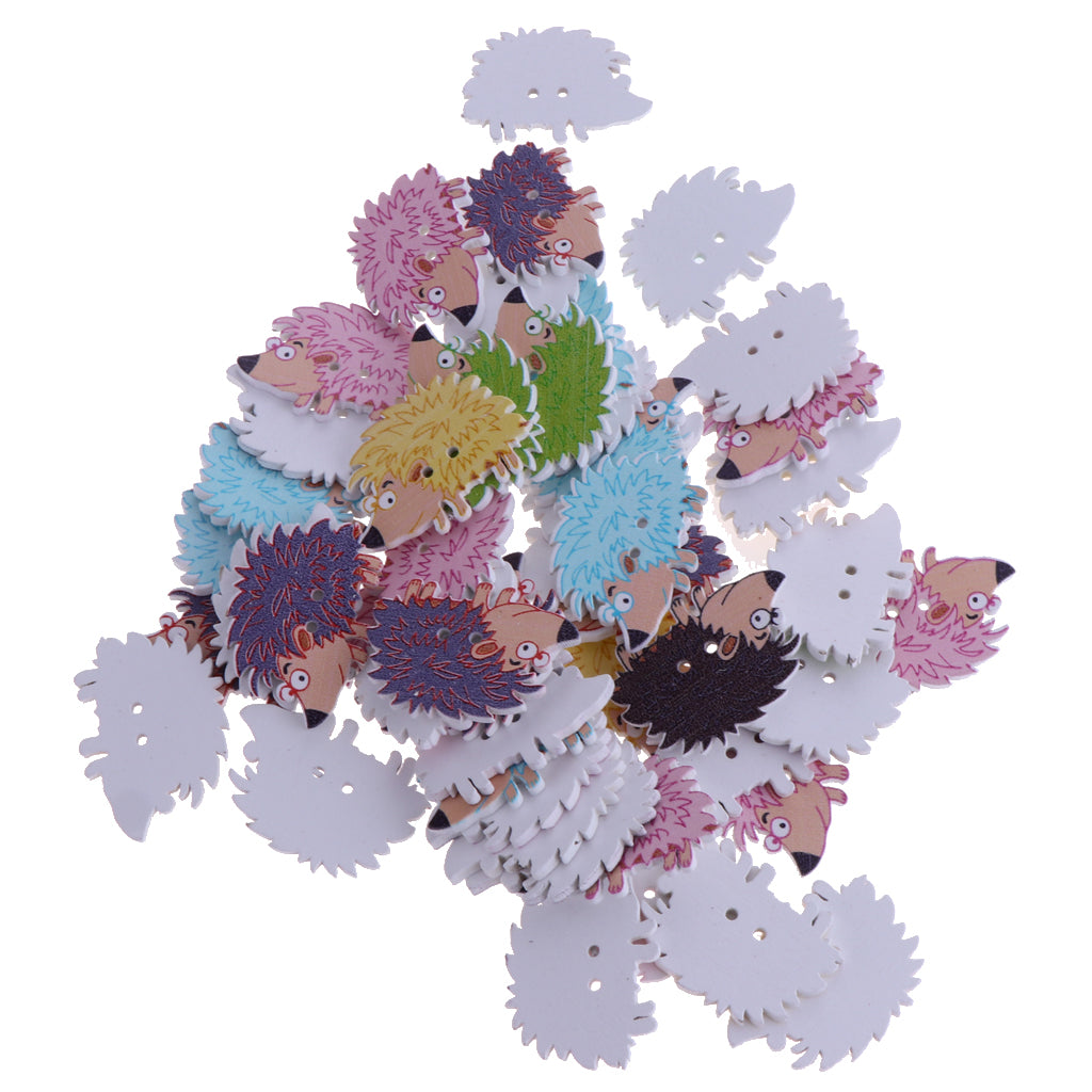 50pcs Mixed Cartoon Animal Wood Buttons for Sewing Scrapbooking Hedgehog