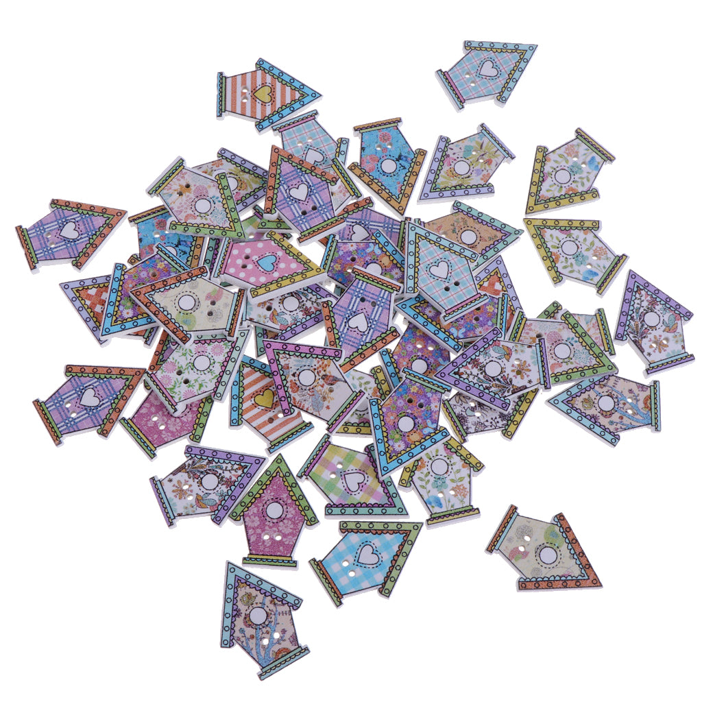 50pcs Mixed Cartoon House Wood Buttons for DIY Sewing Scrapbooking