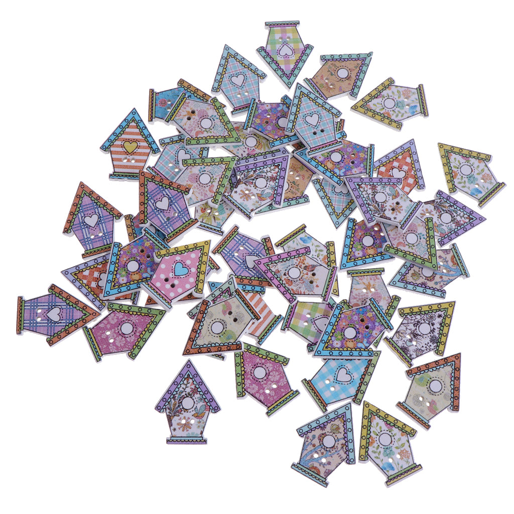 50pcs Mixed Cartoon House Wood Buttons for DIY Sewing Scrapbooking