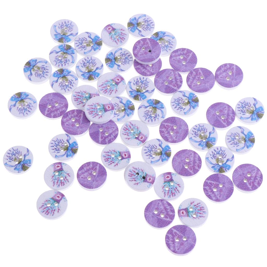 50pcs Wood Round 2 Holes Buttons Flower Buttons for DIY Sewing Scrapbooking