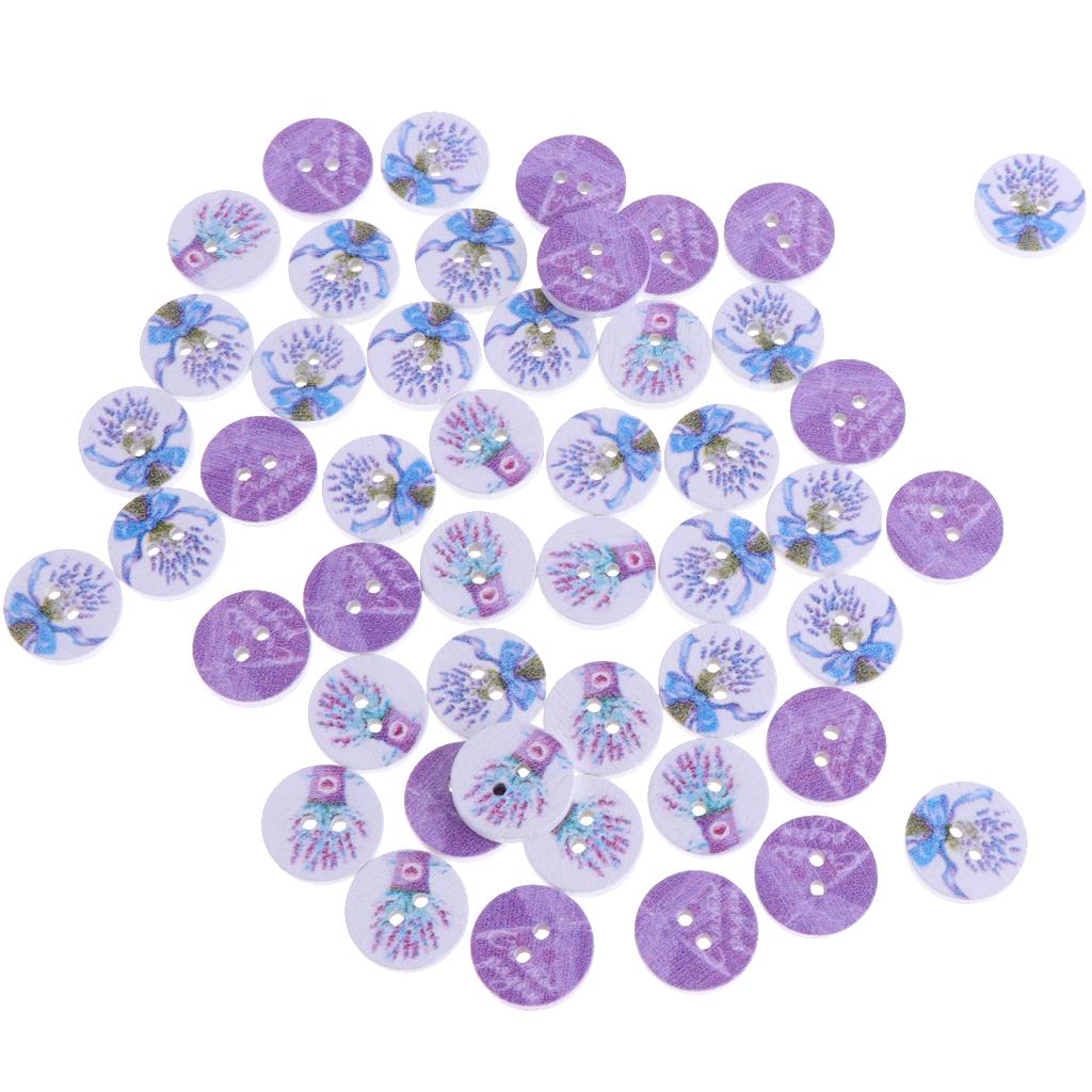 50pcs Wood Round 2 Holes Buttons Flower Buttons for DIY Sewing Scrapbooking