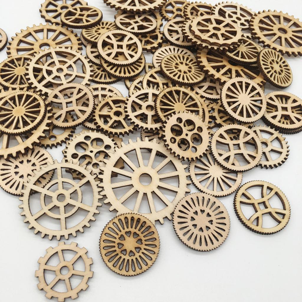100pcs Mixed Hollow Gear Unfinished Wood Pieces Wood Hanging Embellishments