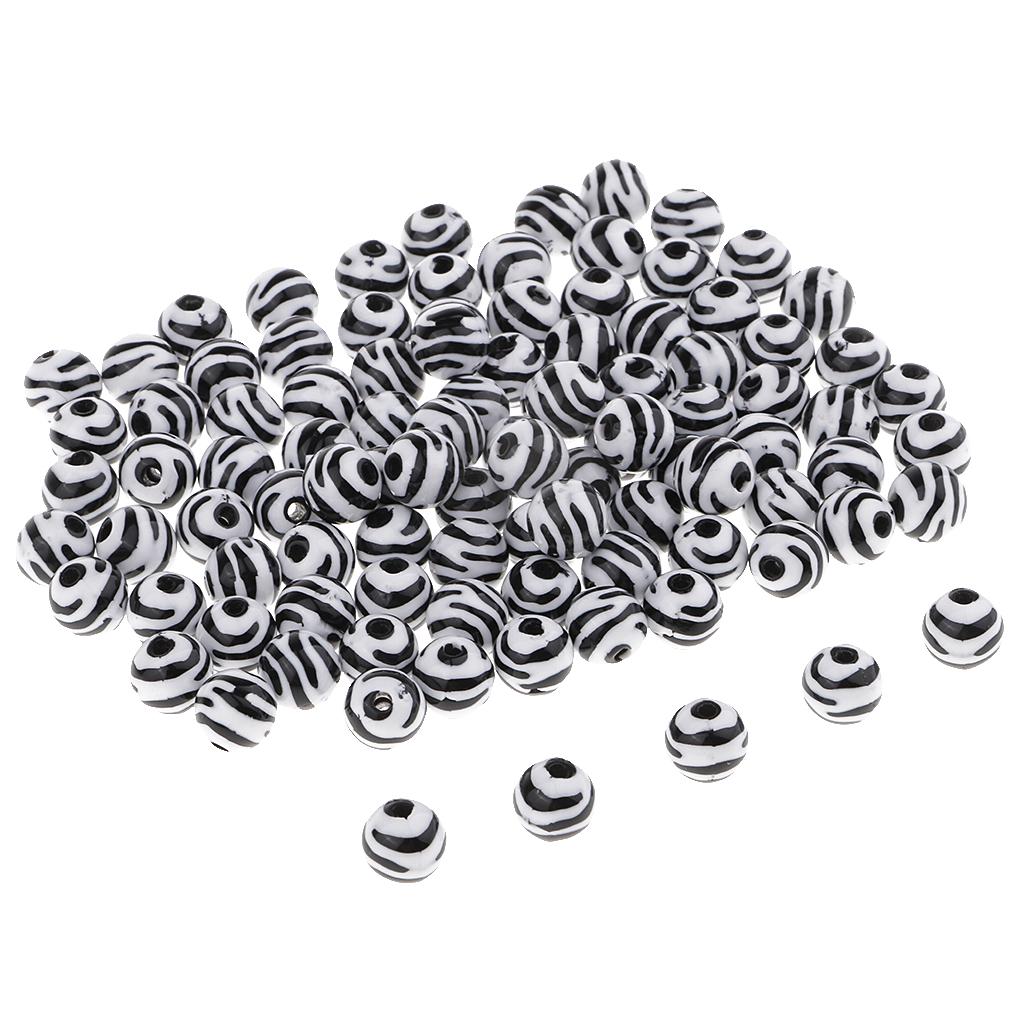 100pcs Resin Black and White Striped Beads Round Beads for Crafts Supplies