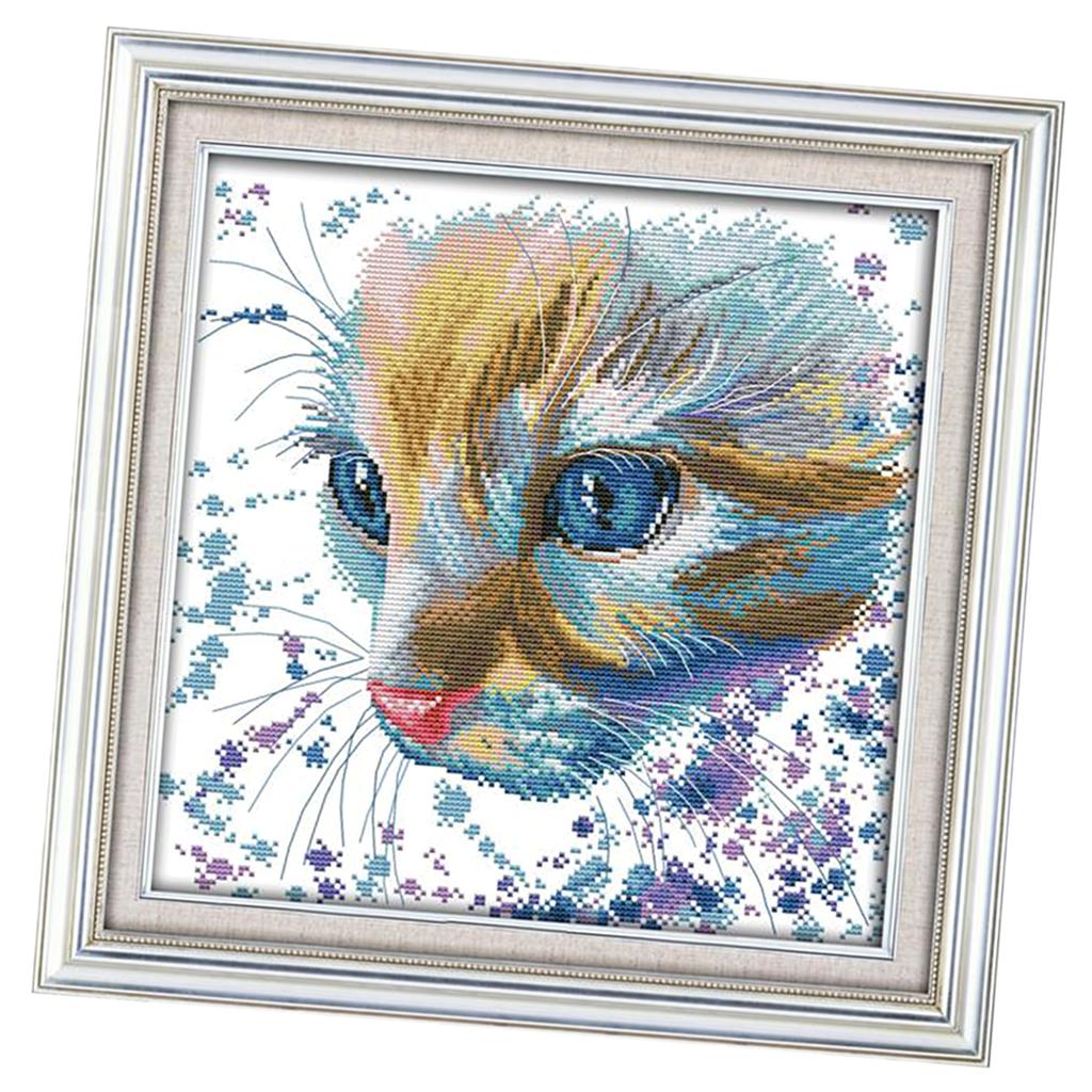 Watercolor Cat Pattern Stamped Cross Stitch Kit DIY Needlework 14CT 32x32cm