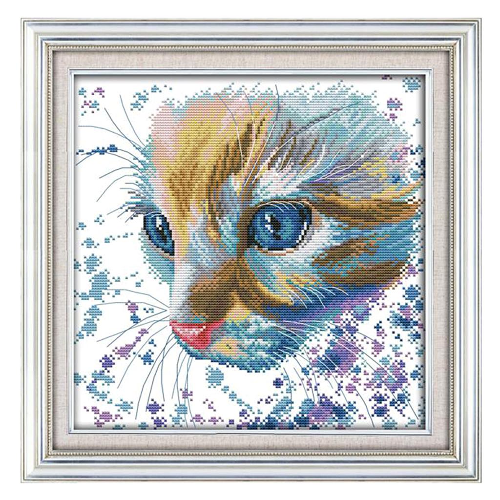 Watercolor Cat Pattern Stamped Cross Stitch Kit DIY Needlework 14CT 32x32cm