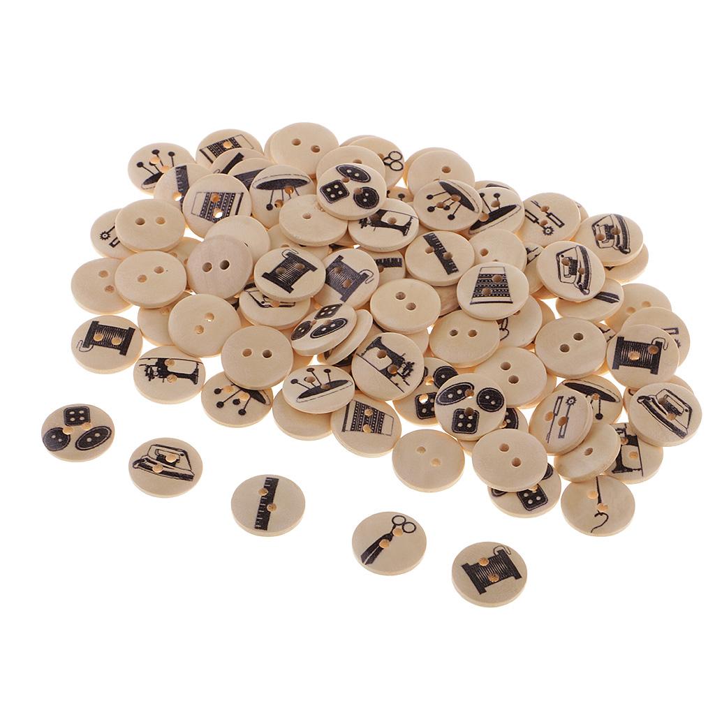 100pcs 2 Hole Wooden Button Fun Sewing Tool Pattern for Home Ornament Wood