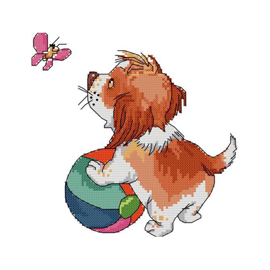 A Dog Playing Ball Counted Cross Stitch Kit DIY Needlework 14CT 21x21cm