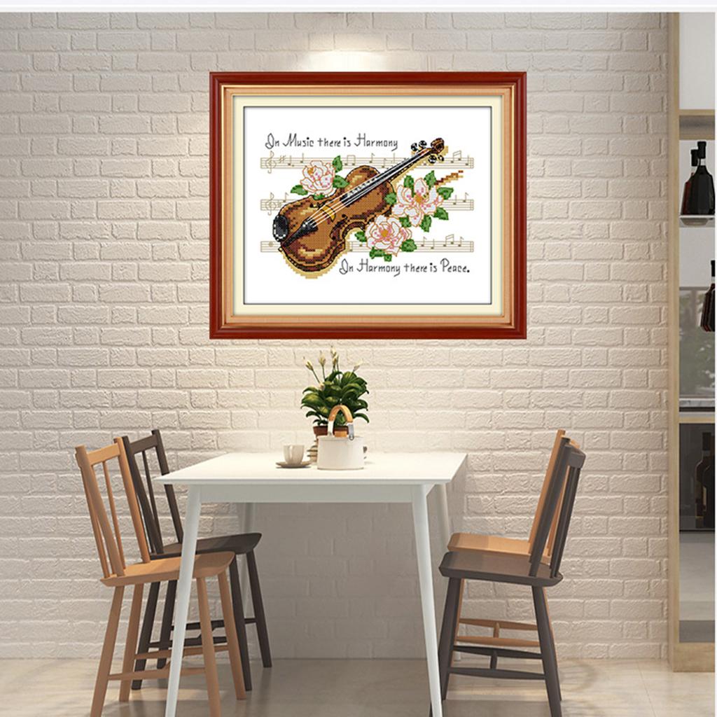 Pre-printed Violin Note Flower Cross Stitch Kit Needlecrafts 25 x 19cm 14CT