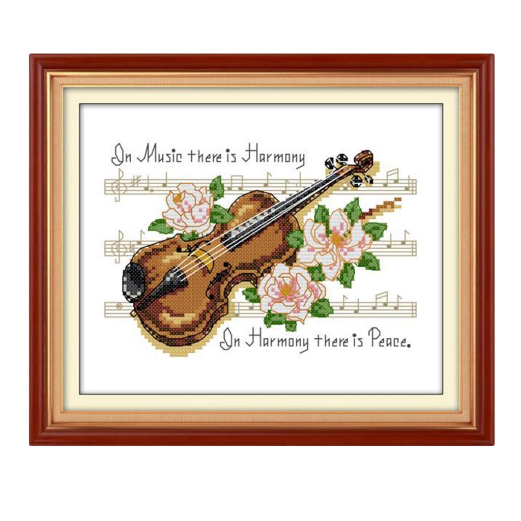 Pre-printed Violin Note Flower Cross Stitch Kit Needlecrafts 25 x 19cm 14CT