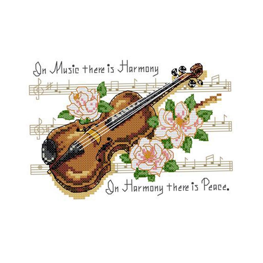 Pre-printed Violin Note Flower Cross Stitch Kit Needlecrafts 25 x 19cm 14CT