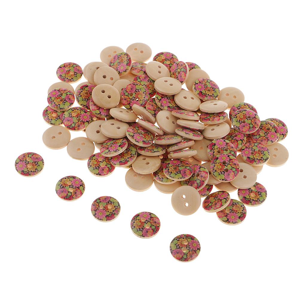 100Pcs Printed Sun Flowers Wooden Buttons for Sewing Scrapbooking 15mm Round