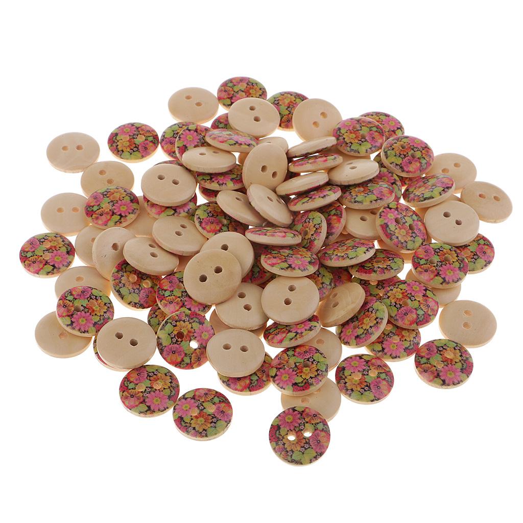 100Pcs Printed Sun Flowers Wooden Buttons for Sewing Scrapbooking 15mm Round