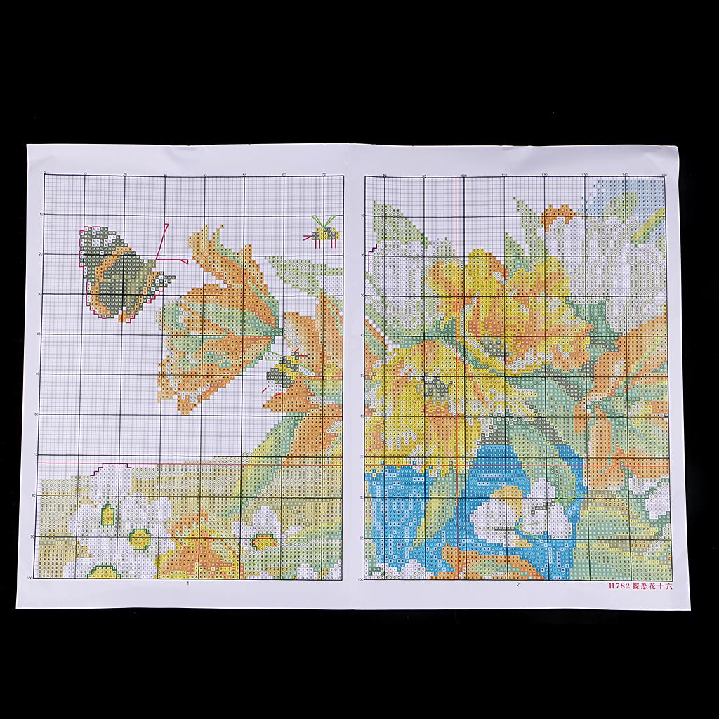 Stamped Cross Stitch Starter Kit Pre-printed Flower Butterfly 14CT 44x33cm