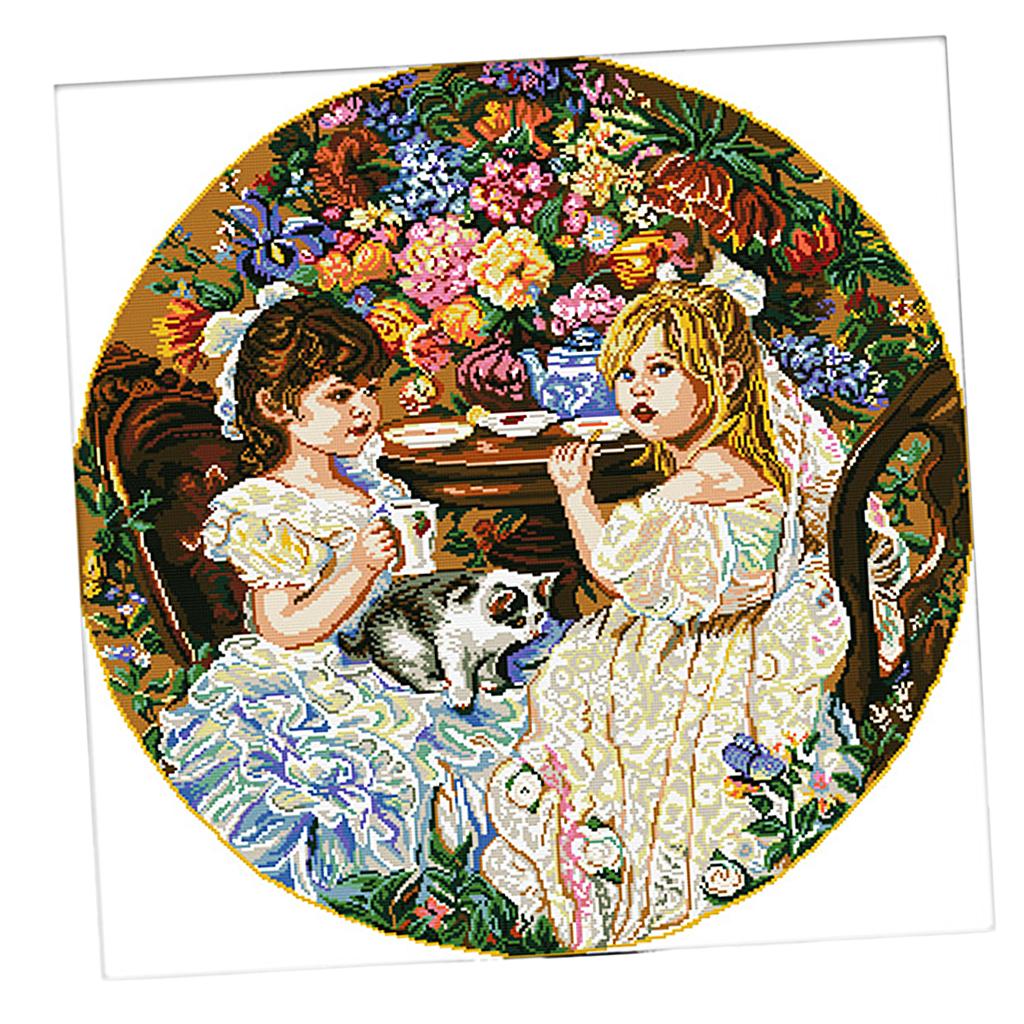 14CT Cross Stitch Kits Two Little Girls Pattern Needlework Crafts Stamped