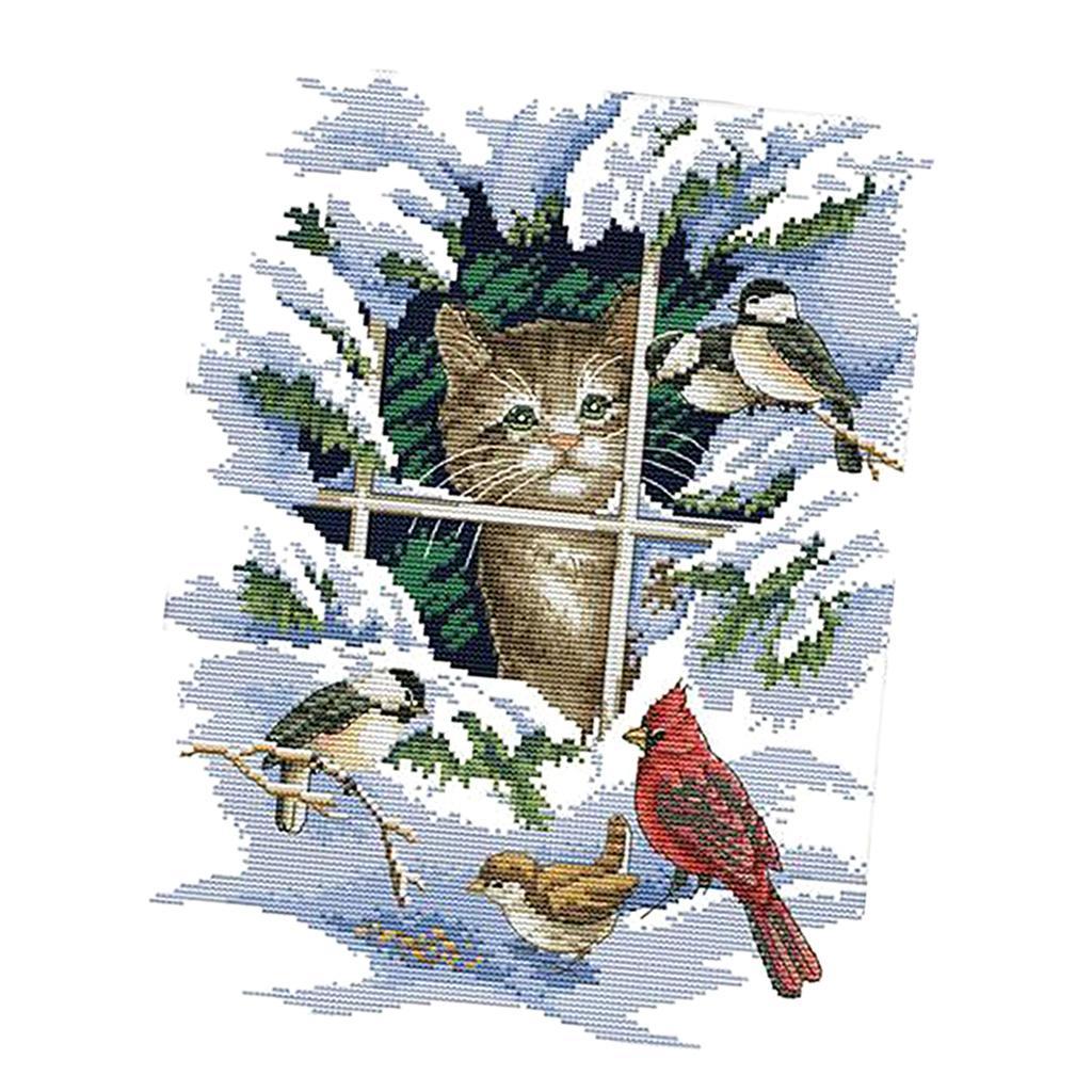 14CT 11CT Cat and Bird Stamped Cross Stitch Kit DIY Handmade Needlework 14CT 30x37cm