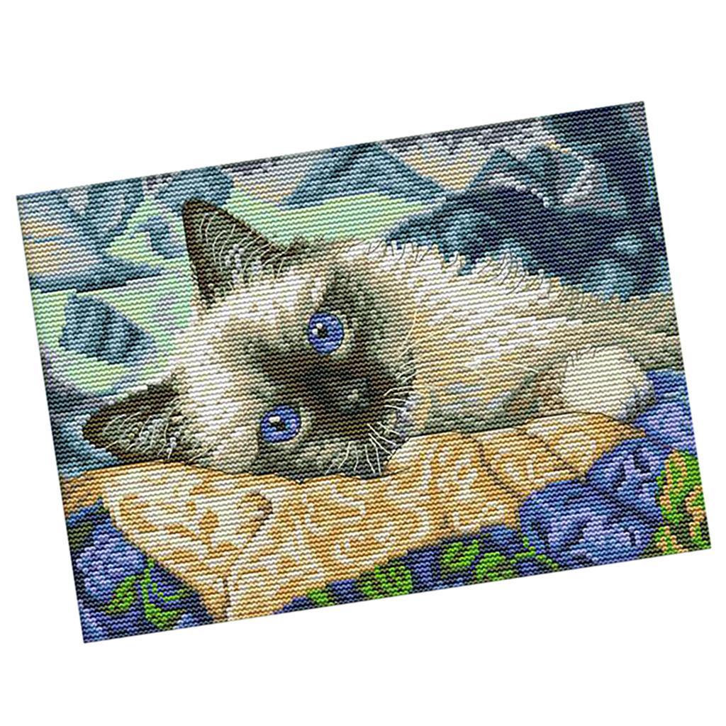 Handmade Ribbon Embroidery Cat Painting Kit Stamped Cross Stitch 39 x 27cm
