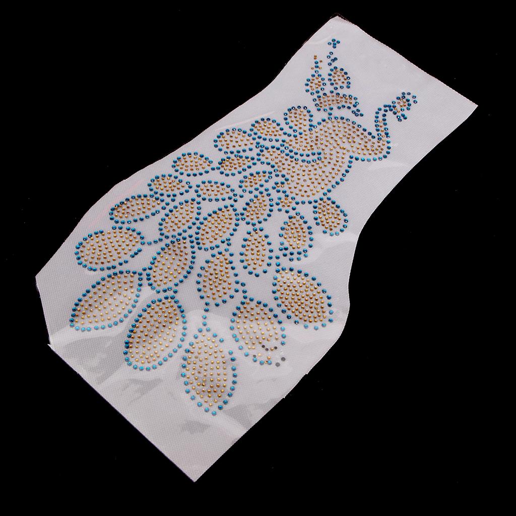 Peacock Crystal Rhinestone Heat Transfer Iron on Motif Applique DIY Blue and Yellow