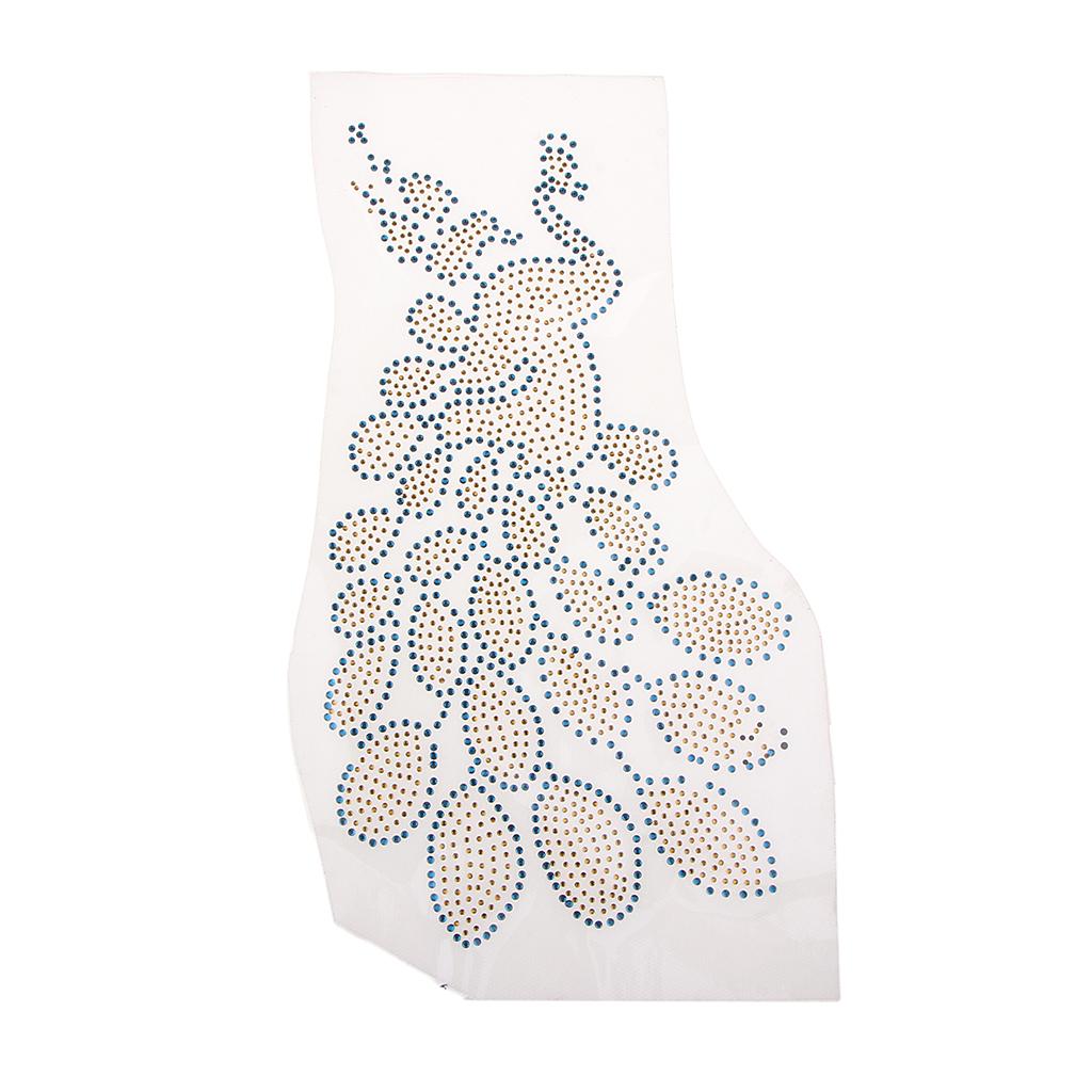 Peacock Crystal Rhinestone Heat Transfer Iron on Motif Applique DIY Blue and Yellow