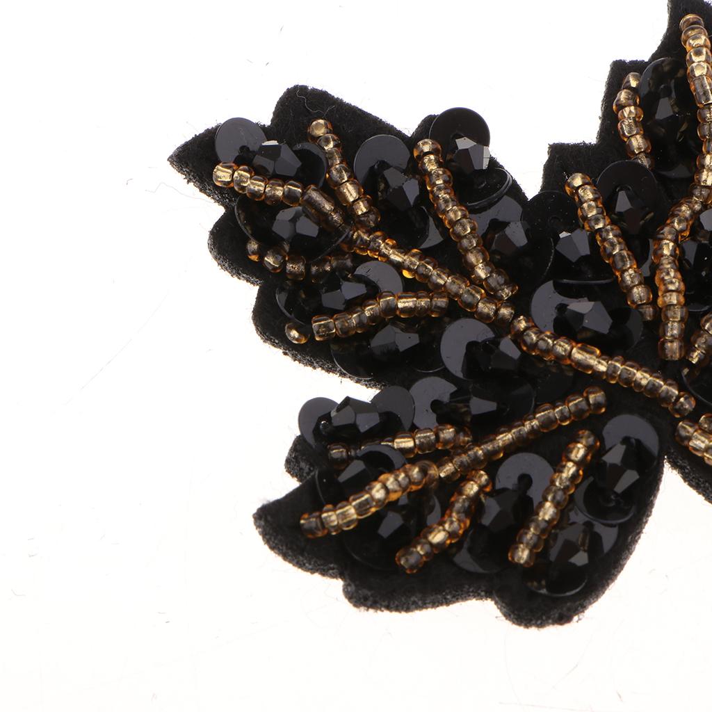 Beaded Sequin Maple Leaves Patches Applique for Bags Clothes Black + Yellow