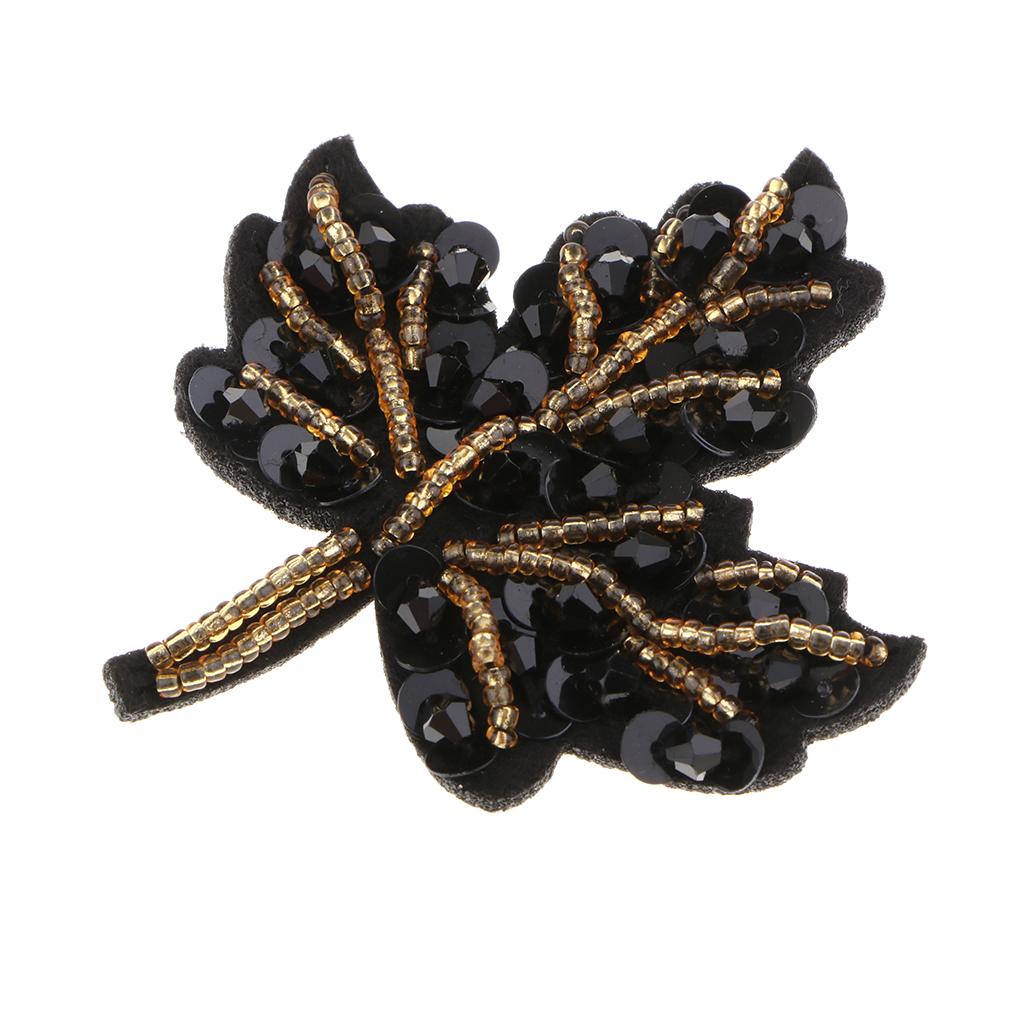Beaded Sequin Maple Leaves Patches Applique for Bags Clothes Black + Yellow