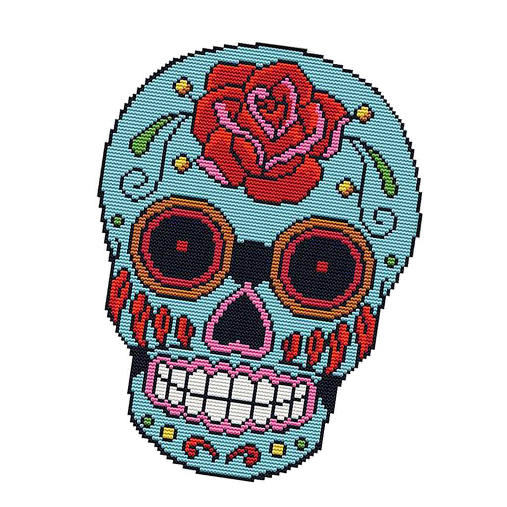Flower Skull Stamped Cross Stitch Embroidery Kit DIY Needlework 14CT 22x30cm